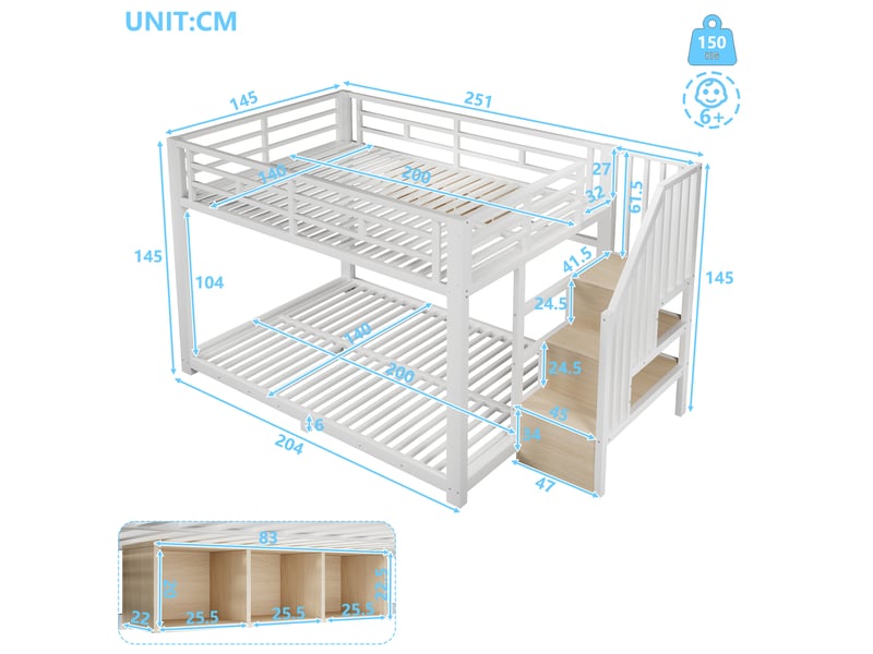  Lit superposé 140x200 cm, lit enfant avec escalier rangement, 3 niches, led via application, garde-corps, métal (sans matelas), blanc CozyNest - Conforama C