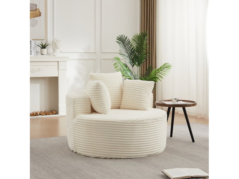 Fauteuil rond 1 place avec 3 coussins et accoudoirs larges en velours côtelé beige, diamètre 110 cm  - Conforama D