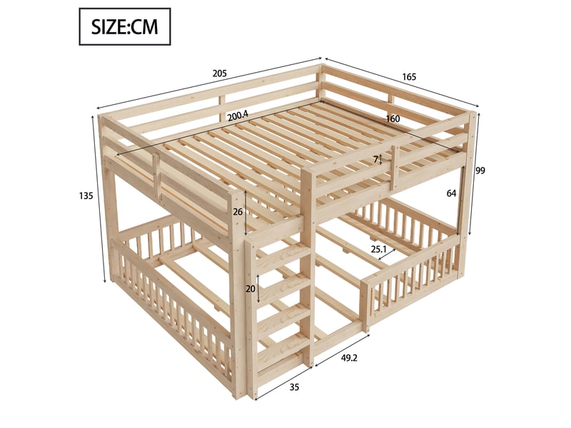  Lit superposé 160 x 200 cm, lit enfant à deux couchages, barrières de sécurité, sommier à lattes inclus, bois massif, naturel Morn Vibe - Conforama C