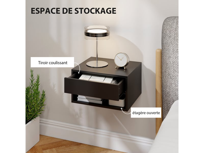  Lot de 2 tables de chevet murales 37 x 32 x 21 cm rangement tiroir montage facile moderne en panneau de particules noir 21_0001551  - Conforama E