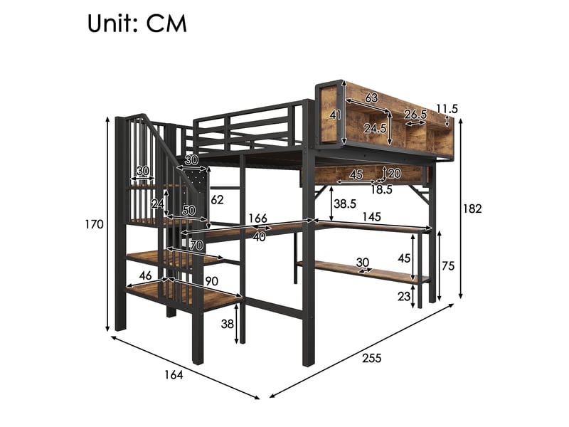  Lit mezzanine140x200cm - lit avec bureau d'angle - led usb type-c - escalier rangement - panneau perforé - marron vintage et noir  - Conforama E
