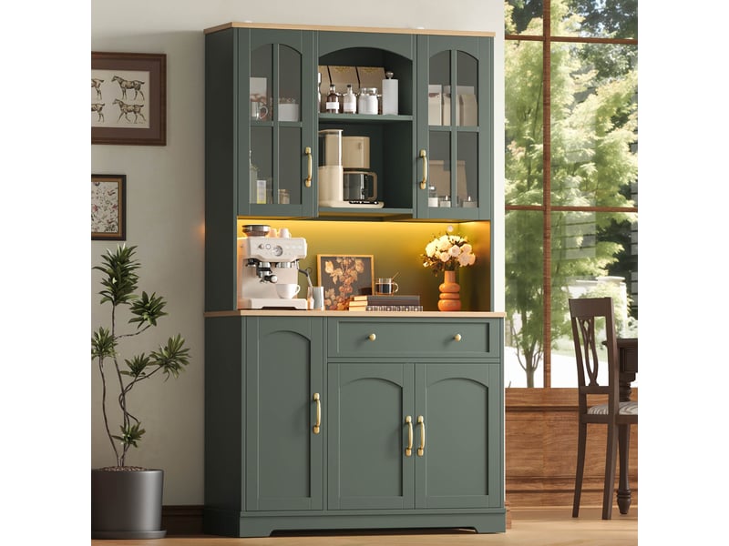  Armoire de cuisine haute 100x38x178 cm avec led, 2 portes en verre trempé, 1 tiroir, étagères réglables, vitrine mdf vert  - Conforama B