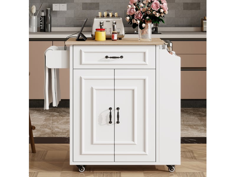  Desserte de cuisine 66x40-60x90 cm sur roulettes, plan rabattable, 1 tiroir, 2 portes, en mdf, couleur blanc et bois  - Conforama B