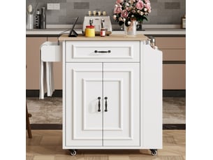 Desserte de cuisine 66x40-60x90 cm sur roulettes, plan rabattable, 1 tiroir, 2 portes, en mdf, couleur blanc et bois