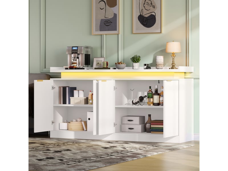  Buffet de cuisine avec 4 portes, niches ouvertes et éclairage led rgb pour salle à manger en mdf 160×39×83 cm blanc  - Conforama C