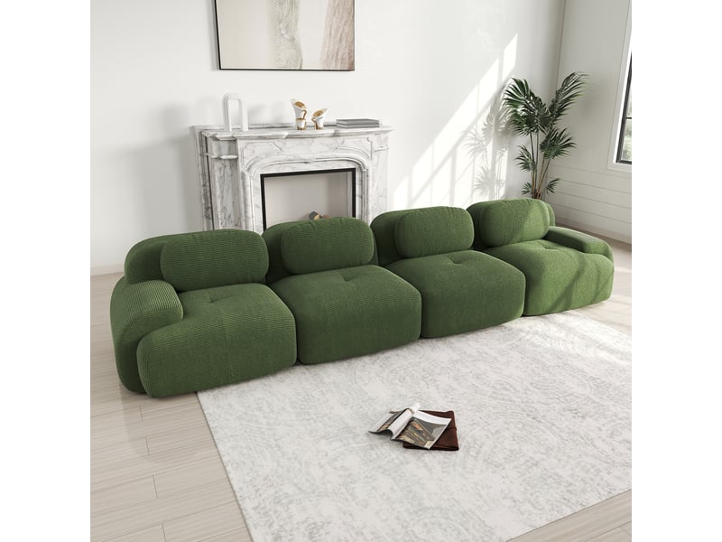  Canapé modulable 4 places sans cadre 388x103x75 cm en velours côtelé, mousse haute résilience 32d, design ergonomique, compatible animaux - vert Bliss Lite - Conforama D