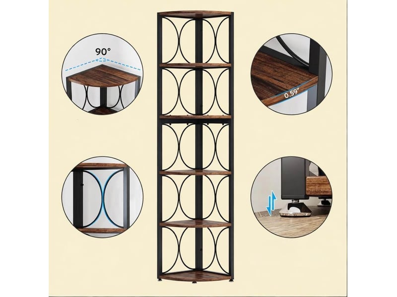  Étagère d'angle multifonction 6 niveaux 107 cm noir et brun rustique en métal et bois, gain de place  - Conforama E