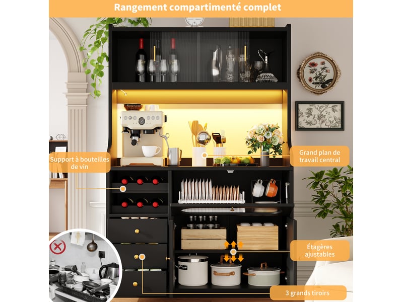  Meuble haut de cuisine 120x40x180 cm, éclairage led, portes vitrées, portes relevables, 3 tiroirs, mdf et métal, noir  - Conforama D