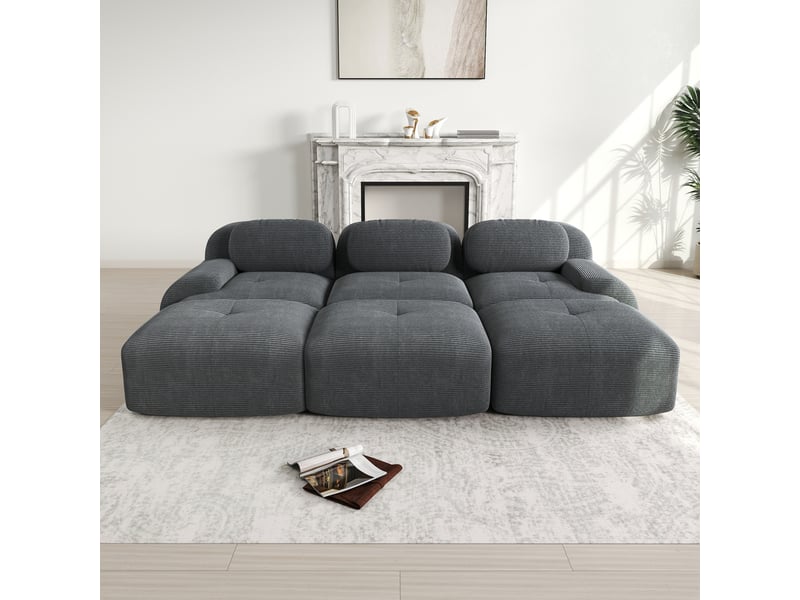  Sofa modulaire 3 places 298x178x70 cm, 3 hockers, assise 32d, prêt à installer, corduroy, gris  - Conforama D