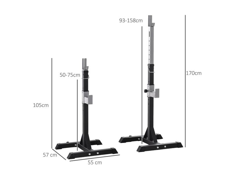  Ensemble de 2 supports pour haltères en acier, 2 crochets à hauteur réglable, capacité de charge 150 kg, 55 x 57 x 105-170 cm, noir  - Conforama E