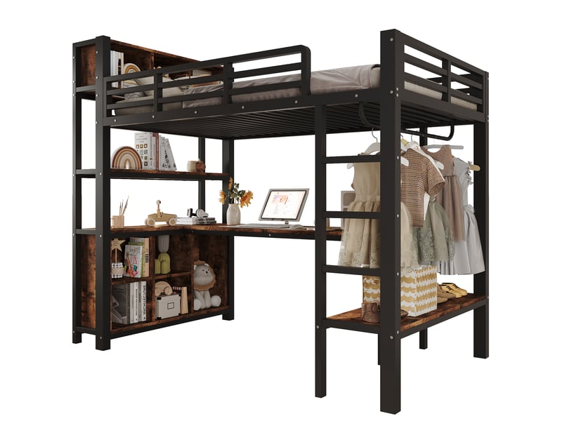  Lit mezzanine 90x200 cm avec bureau, penderie et étagères, en métal, noir, sans matelas  - Conforama A