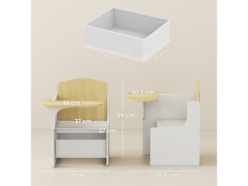  Bureau et chaise pour enfants avec bac de rangement, blanc, ensemble table d'activité 2-en-1 pour dessin lecture et jeux  - Conforama C