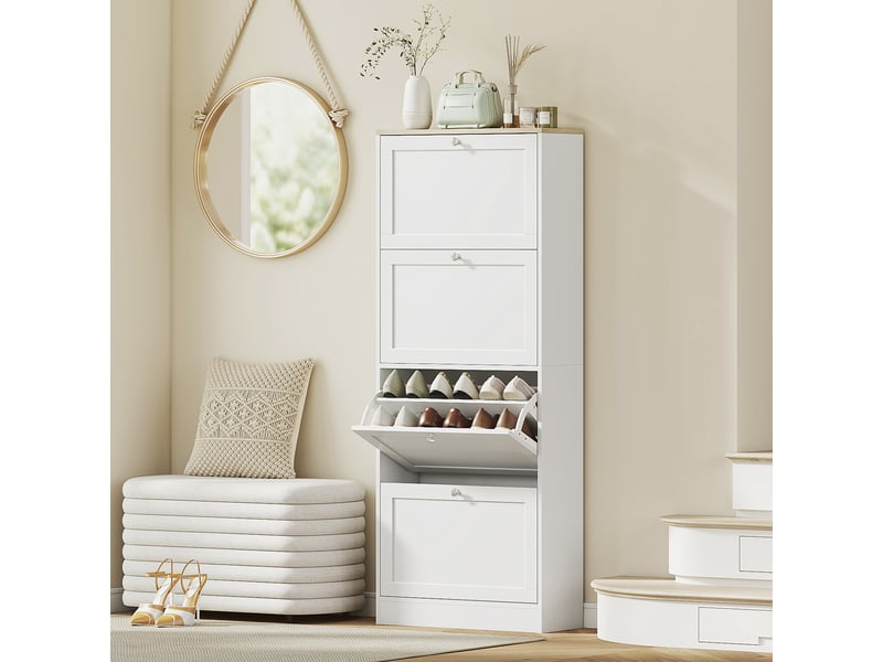  Meuble à chaussures gain de place à 4 tiroirs avec étagères réglables à 2 niveaux, 60 x 23,5 x 153,3 cm, blanc  - Conforama C