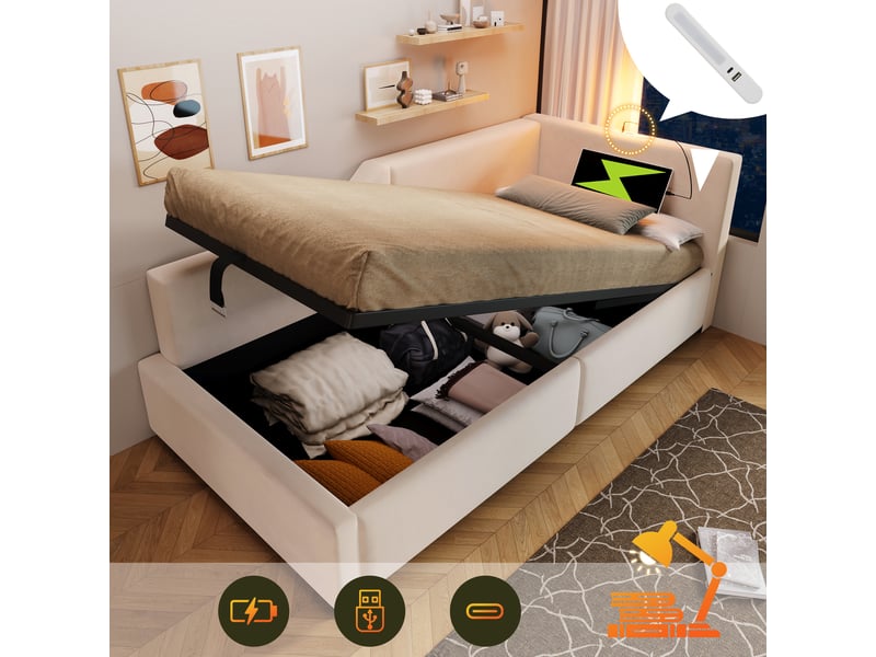 Lit adulte 90x200cm, lit 1 place, canapé lit coffre avec lampe et sommier, charge, velours beige, sans matelas  - Conforama E