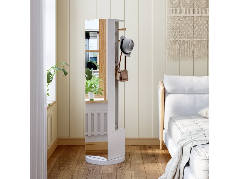  Miroir pleine longueur sur pied pivotant 360° avec portemanteau et tiroirs de rangement, blanc  - Conforama B