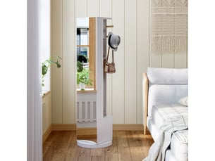 Miroir pleine longueur sur pied pivotant 360° avec portemanteau et tiroirs de rangement, blanc