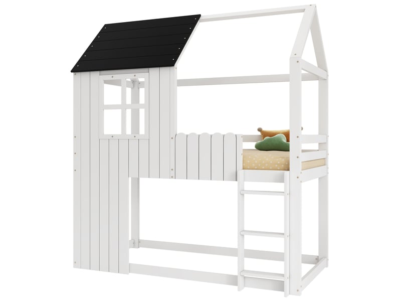  Lit mezzanine 90x200 cm forme maison avec escalier à trois marches en pin et mdf blanc et noir  - Conforama A