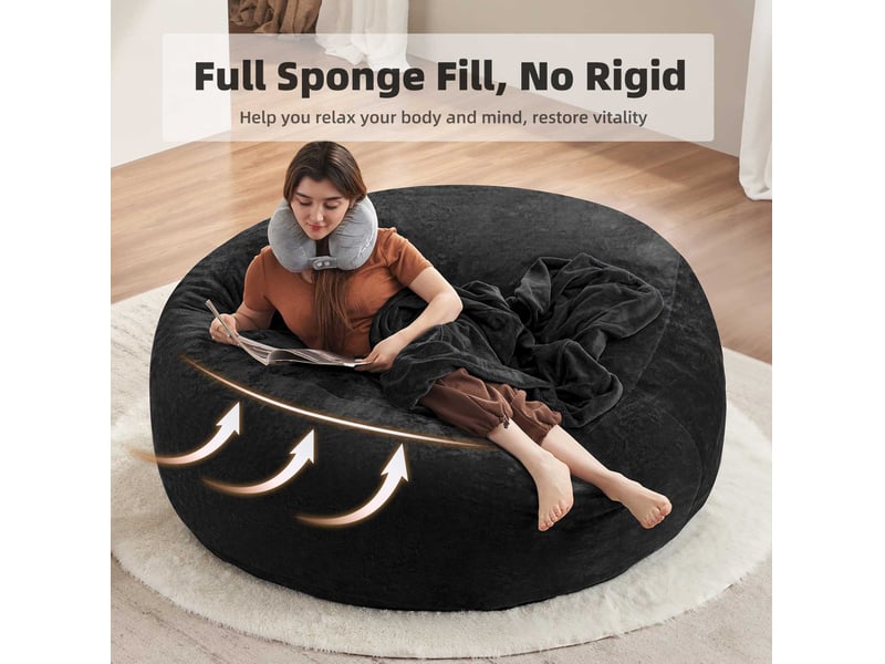  Pouf géant rond 150x150x60 cm en velboa noir à mousse mémoire de forme  - Conforama E