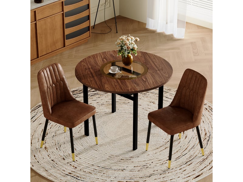  Ensemble table et chaises avec table ronde et 2 fauteuils  - étagère en verre - mdf, métal, tissu - marron noir  - Conforama C