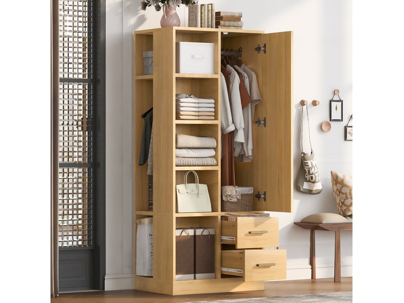 Armoire 1 porte avec 2 tiroirs et 2 penderies 70x50x170 cm coloris bois naturel - Conforama W