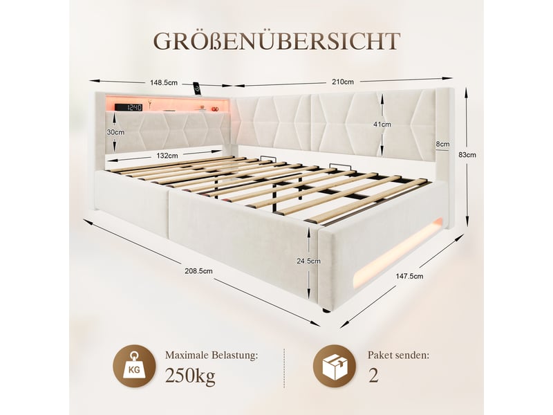  Lit banquette hydraulique 140x200 cm, led, usb-c, lit coffre rembourré, lit simple, éclairage tête et pied, velours, beige Seren Glow - Conforama C