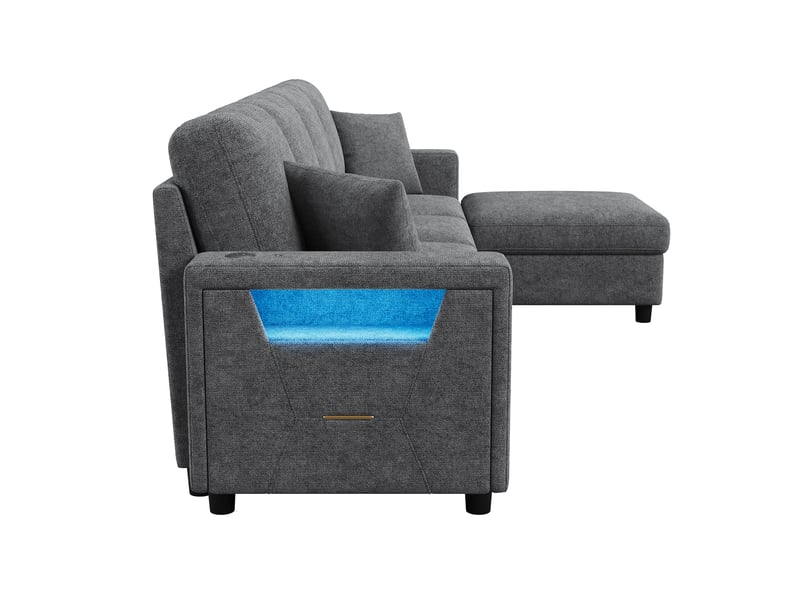  Canapé d'angle modulable 4 places 282 cm gris en polyester, pouf coffre, led 3 teintes et usb-c Fay Lum - Conforama D