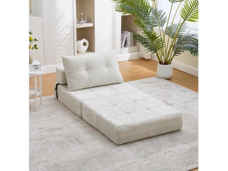  Fauteuil convertible 1 place pliable avec dossier et coussin, matelas dépliable portable pour salon, en chenille beige  - Conforama C