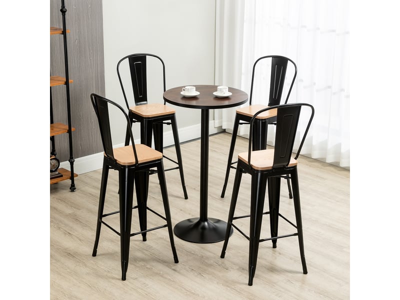  Lot de 4 tabourets de bar industriel avec dossier repose-pied hauteur assise 76 cm métal noir panneaux multicouches imitation bois clair  - Conforama D