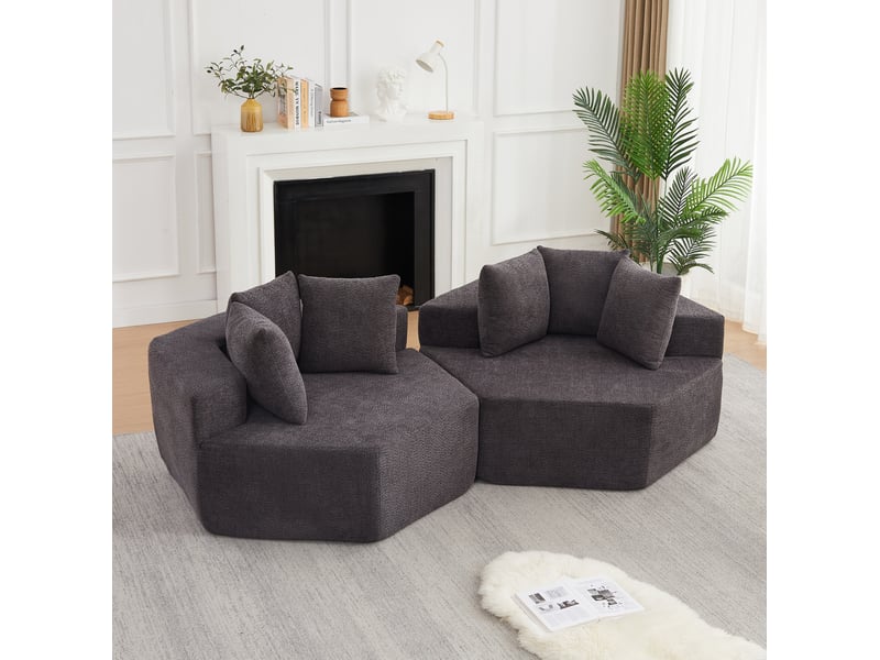  Fauteuils modulables compressés et hexagonaux souples lot de 2, assise de 2 places, en tissu chenille, couleur gris  - Conforama B