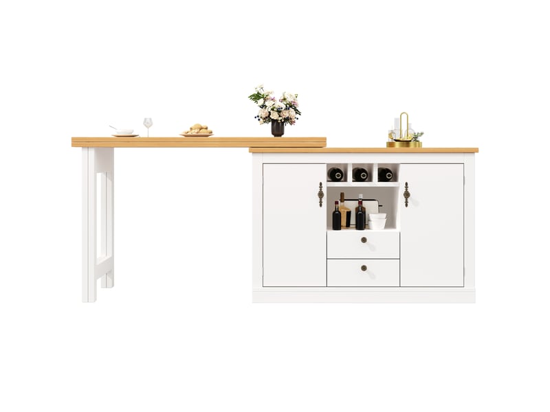 Table de bar extensible avec rangement, casier à bouteilles et compartiments réglables, en mdf naturel et blanc, 120 à 180 cm - Conforama A