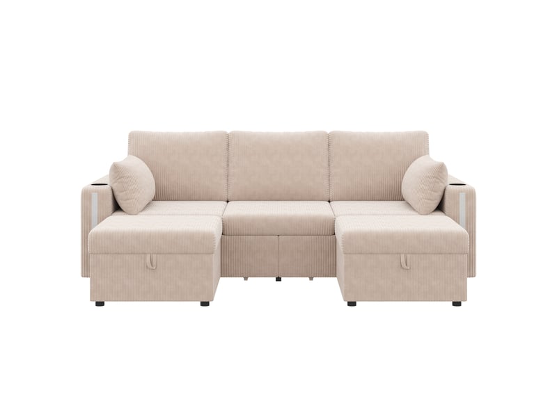  Canapé modulable en u ou l 5-6 places velours côtelé beige avec led  - Conforama A