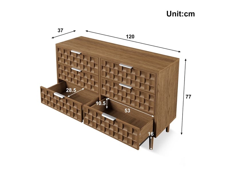  Commode à 6 tiroirs, 120 x 37 x 77 cm, tiroirs effet chêne avec poignées en métal, style moderne du milieu du siècle  - Conforama C