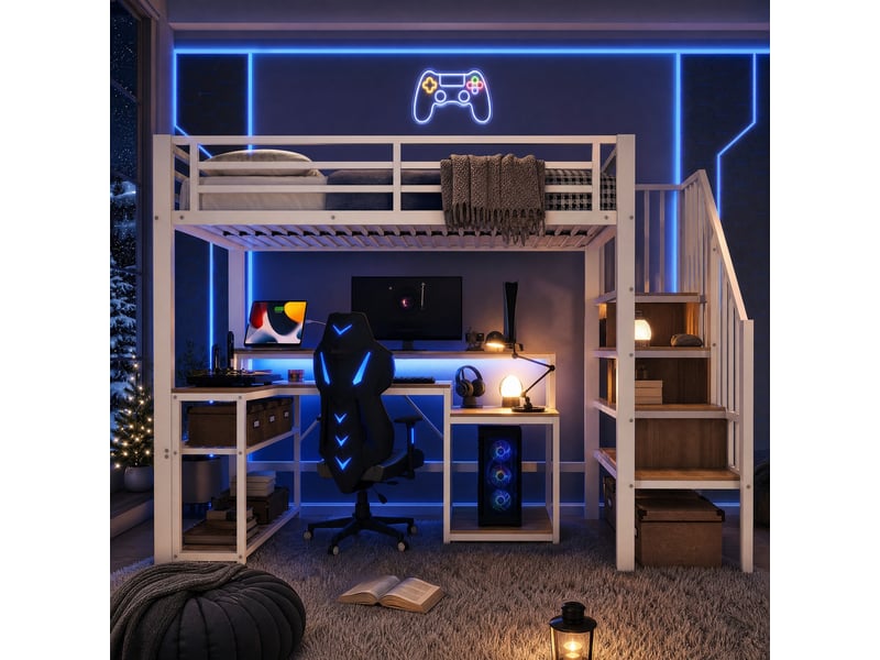  Lit mezzanine 90x200 cm avec bureau, rangement, led et usb blanc  - Conforama D