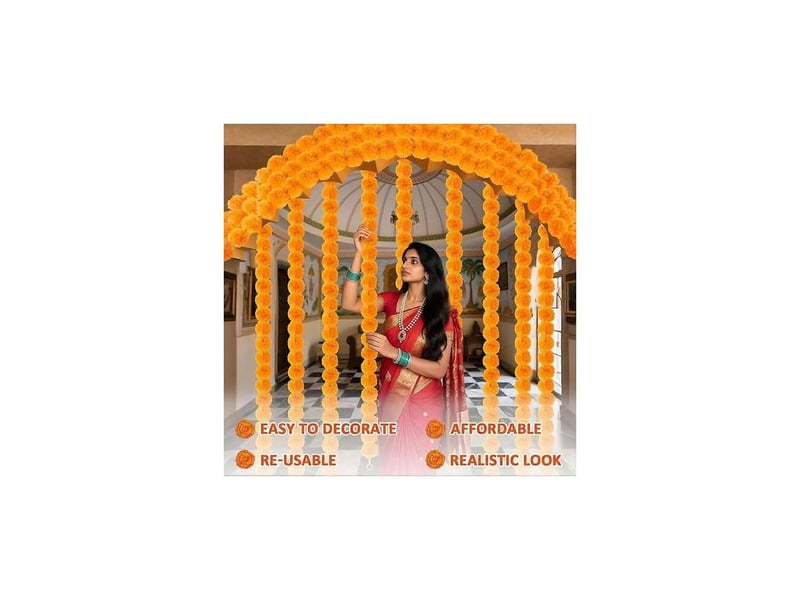  Guirlande de 5 œillets d'inde décoratifs, 1,5 m d'œillets d'inde artificiels, décorations de diwali pour la maison, fleurs orange.  - Conforama E
