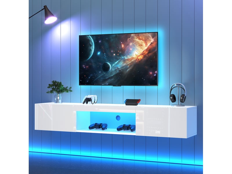  Meuble tv mural blanc brillant 160 x 31 x 22 cm avec éclairage led  - Conforama B