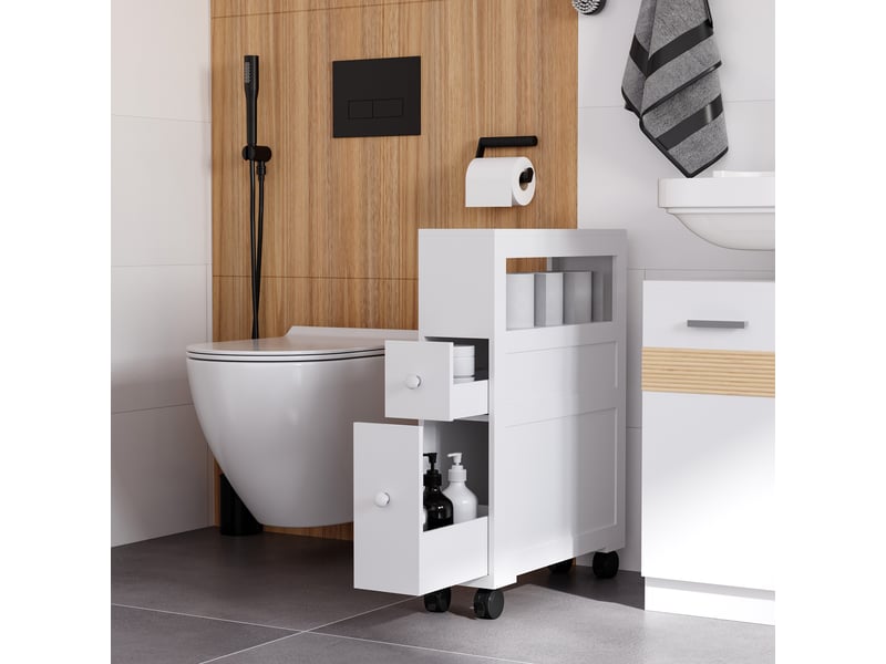 Meuble de salle de bain à 2 tiroirs, gain de place, sur roulettes, 16 x 52 x 71,5 cm, blanc  - Conforama C