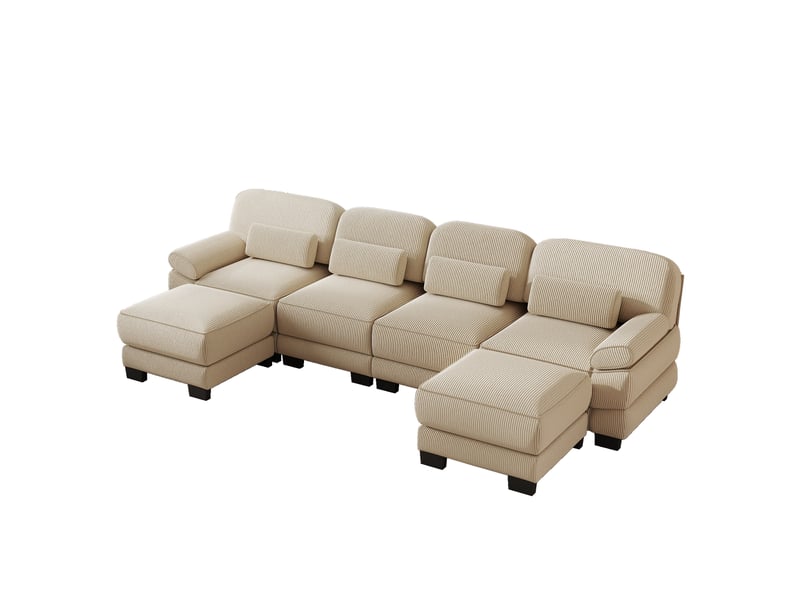  Canapé modulable u 4 places en velours côtelé beige avec 2 ottomans et assise profonde  - Conforama E