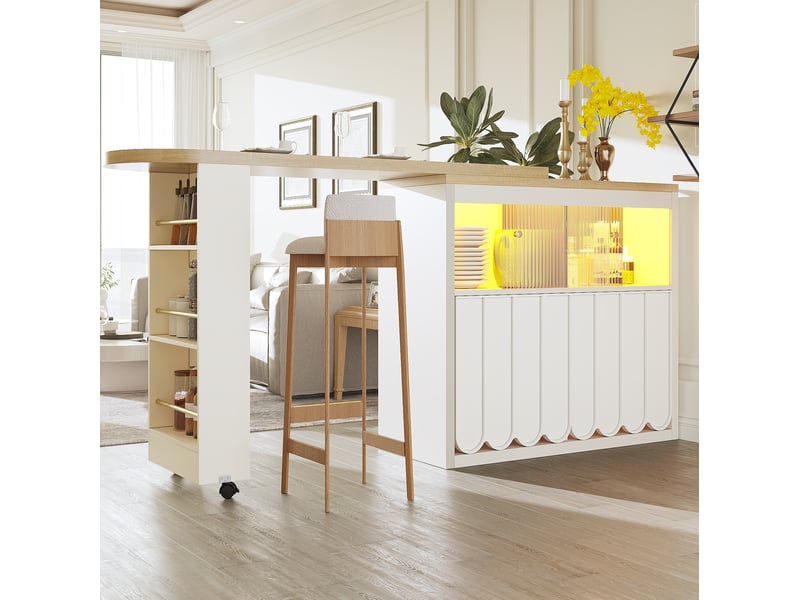  Table de bar extensible mobile avec rangement 135-205 x 39 x 100 cm, led, blanc  - Conforama E