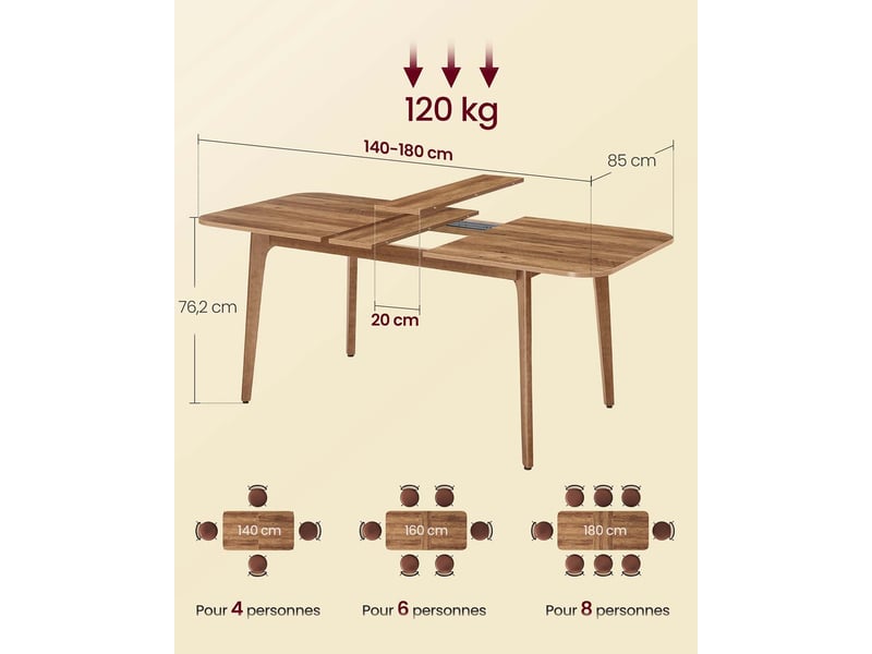  Table de salle à manger extensible 85 x 140160180 x 76,2 cm design épuré capacité 120 kg en bois d'hévéa marron miel 12_0012759  - Conforama B