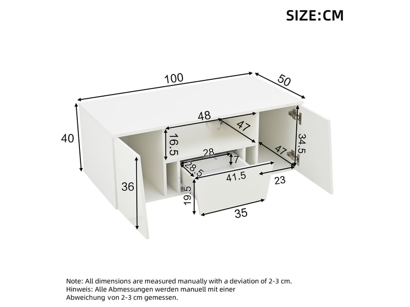  Table basse 100x50x40 cm led réglable, 2 portes 1 tiroir, design irrégulier, laquée, panneaux de particules, blanc  - Conforama C