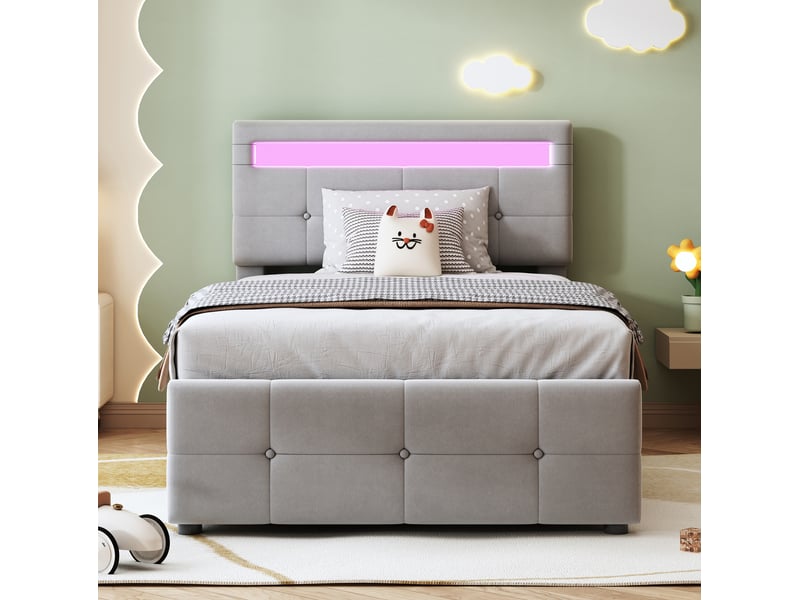  Modenvie lit coffre enfant 90x200 cm - led, rangement hydraulique, sans matelas - gris  - Conforama D