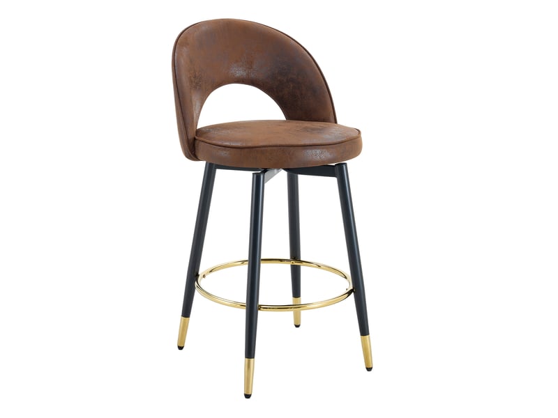  Tabouret de bar pivotant 360° avec dossier ajouré et assise ergonomique, en tissu brun et métal noir  - Conforama A