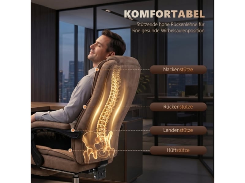 Chaise de bureau ergonomique massante avec repose-pieds, pivotante, à roulettes, marron - Conforama E
