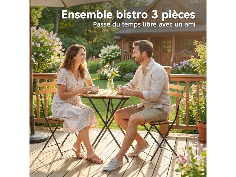  Salon de jardin bistrot 3 pièces table et 2 chaises pliantes bois acacia et métal  - Conforama E