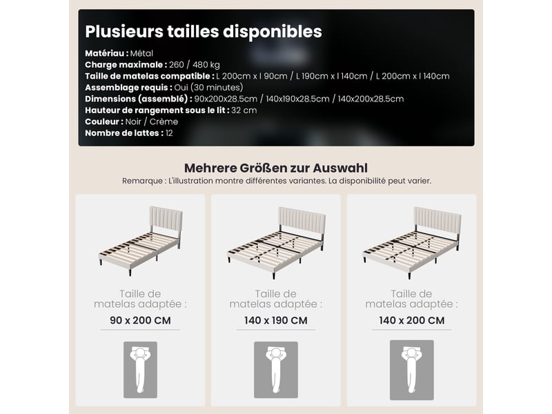  Lit 140 x 190 avec sommier à lattes, cadre de lit métallique rembourré avec tête de lit réglable, lit double, espace de rangement sous le lit, robuste, silencieux et antidérapant, beige, matelas non inclus  - Conforama E
