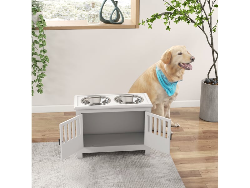 Station de repas surélevée blanche avec rangement verrouillable, 2 gamelles inox 2 l, idéale pour grands animaux - Conforama E