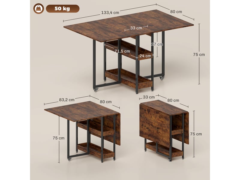  Table de salle à manger pliante de style industriel, pour 4 personnes maximum, étagères ouvertes, modulable, métal et panneaux de particules, marron  - Conforama E