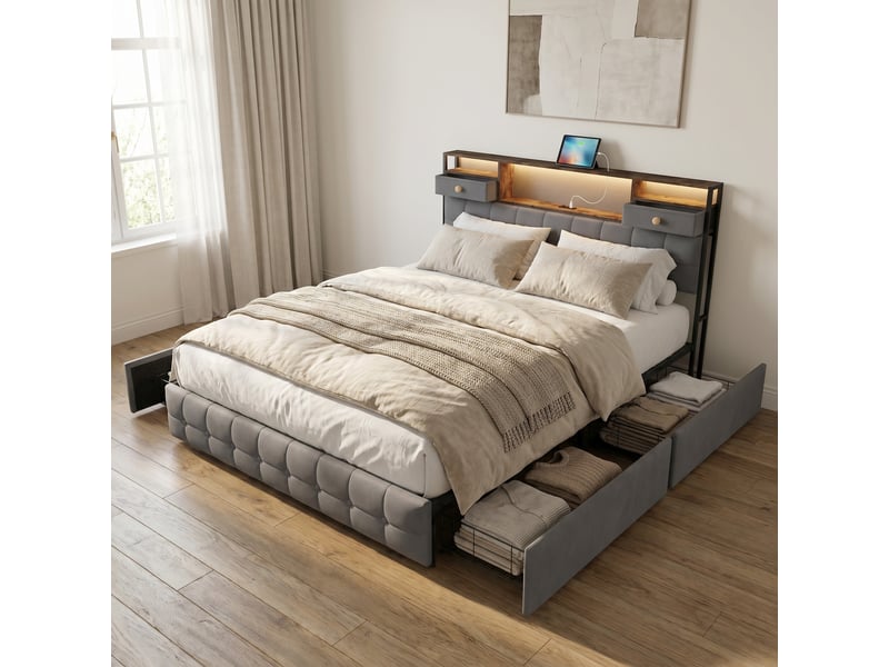  Lit 160x200 avec 4 tiroirs, lit adulte avec led rgb et ports de charge, lit double, tête de lit avec rangement intégré, tissu velours, moderne, gris  - Conforama B