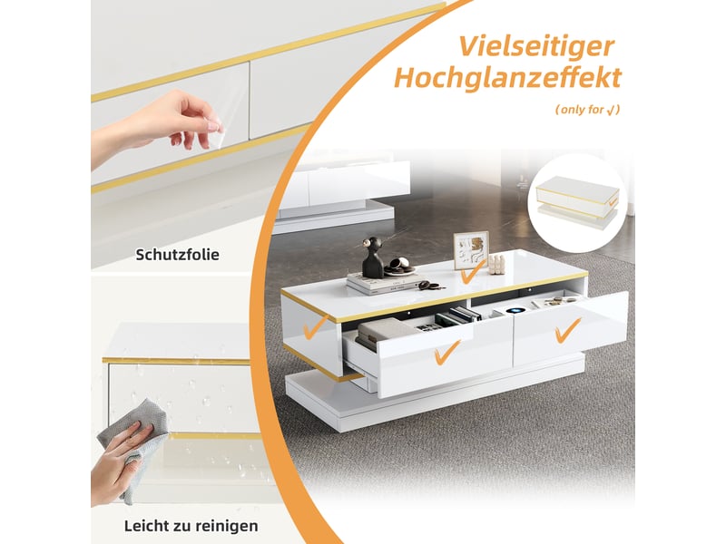  Ensemble meuble tv et table basse brillant – 3 tiroirs sur le meuble tv, 2 tiroirs sur la table – finitions dorées – blanc  - Conforama B