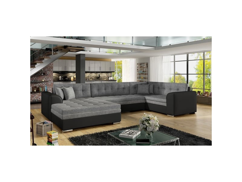 Canapé panoramique convertible caldero 5 places gris et noir – angle gauche – 4 coussins - Conforama E